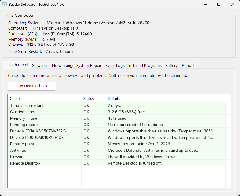 The TechCheck window, showing computer details and Health Check results